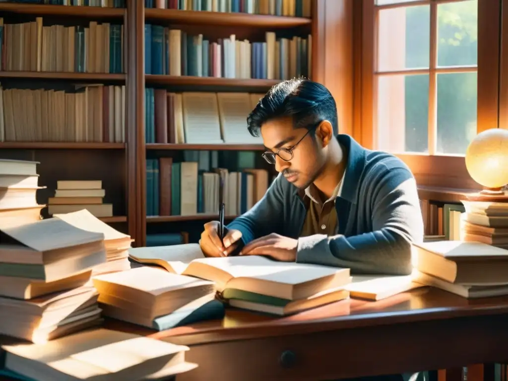 Poeta concentrado escribe rodeado de libros, bañado por cálida luz