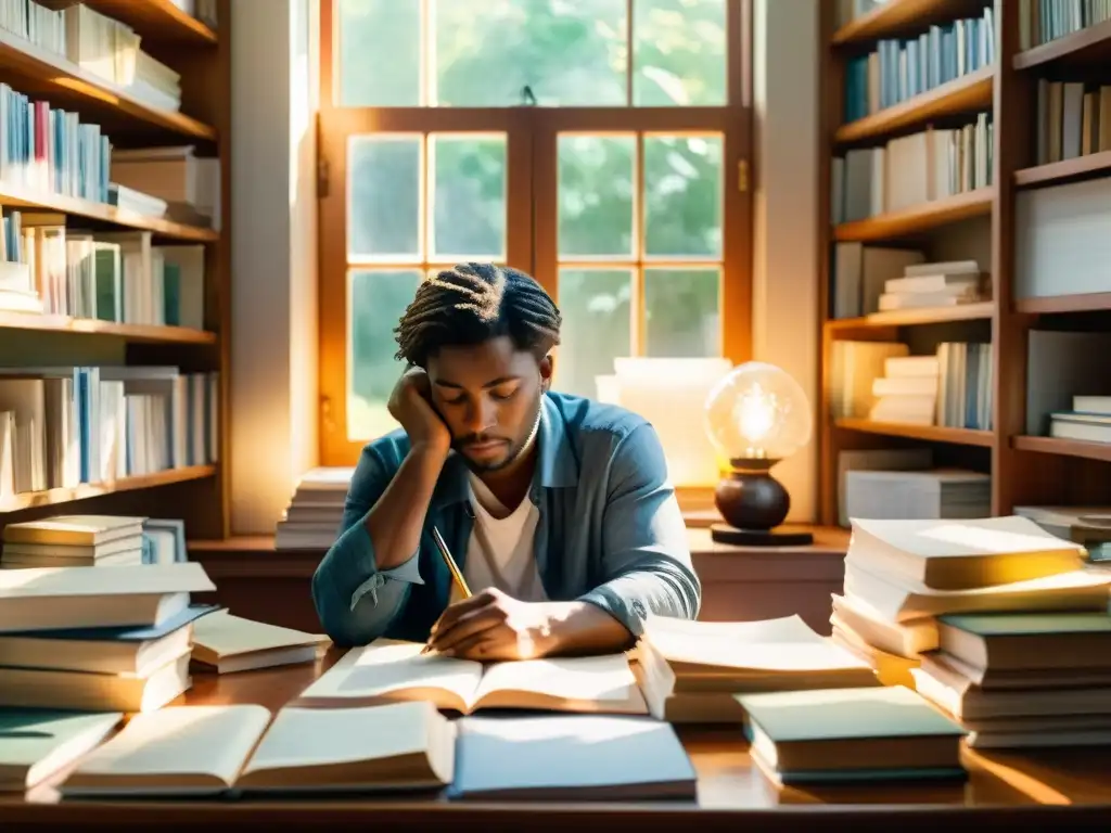 Un poeta concentrado escribe rodeado de libros, papeles y luz solar, evocando la pasión y belleza literaria