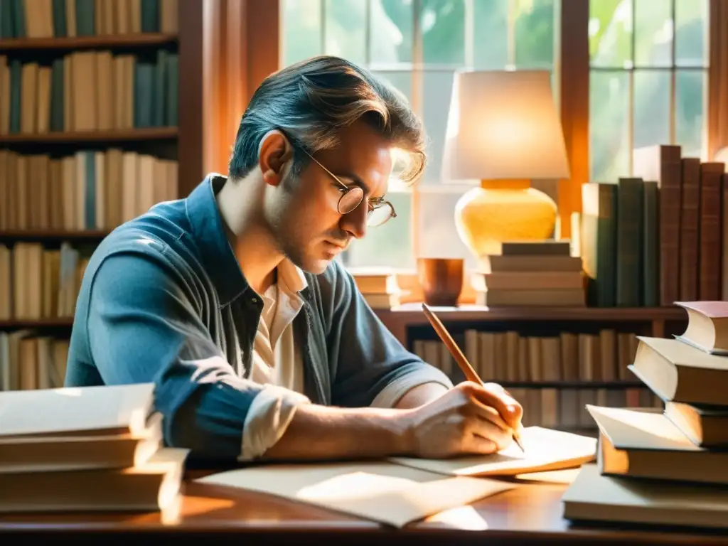 Un poeta concentrado escribe rodeado de libros, con luz solar iluminando la escena