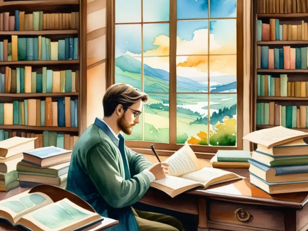 Un poeta contemplativo rodeado de libros y pergamino, con un paisaje pintoresco de fondo