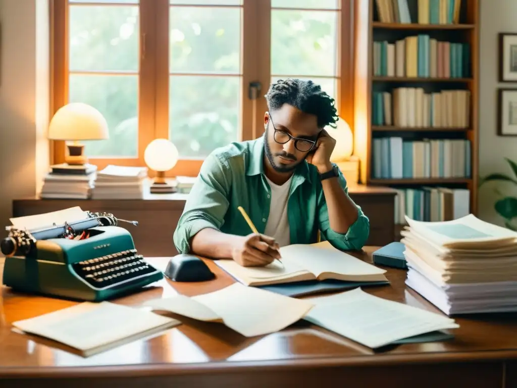 Un poeta contemporáneo se sienta en su escritorio rodeado de papeles y una máquina de escribir vintage, iluminado por una suave luz natural, pensando en el mejor momento para publicar poesía