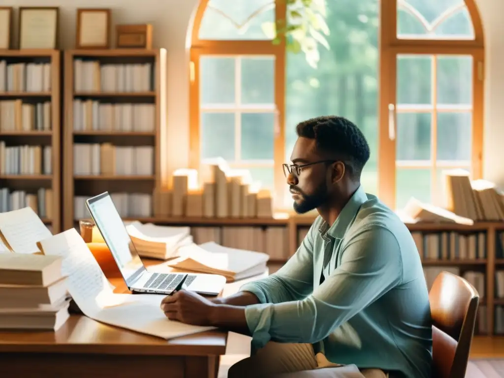 Un poeta contemporáneo reflexiona en su escritorio rodeado de poemas, con una estrategia de marketing digital abierta en su laptop