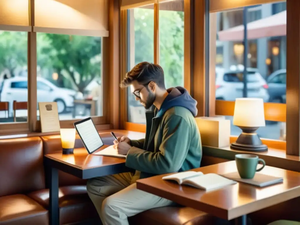 Poeta contemporáneo inmerso en la escritura en un acogedor café, rodeado de herramientas móviles para análisis poético y una atmósfera creativa