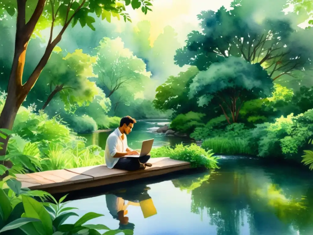 Un poeta contemporáneo encuentra inspiración rodeado de naturaleza, escribiendo en su laptop