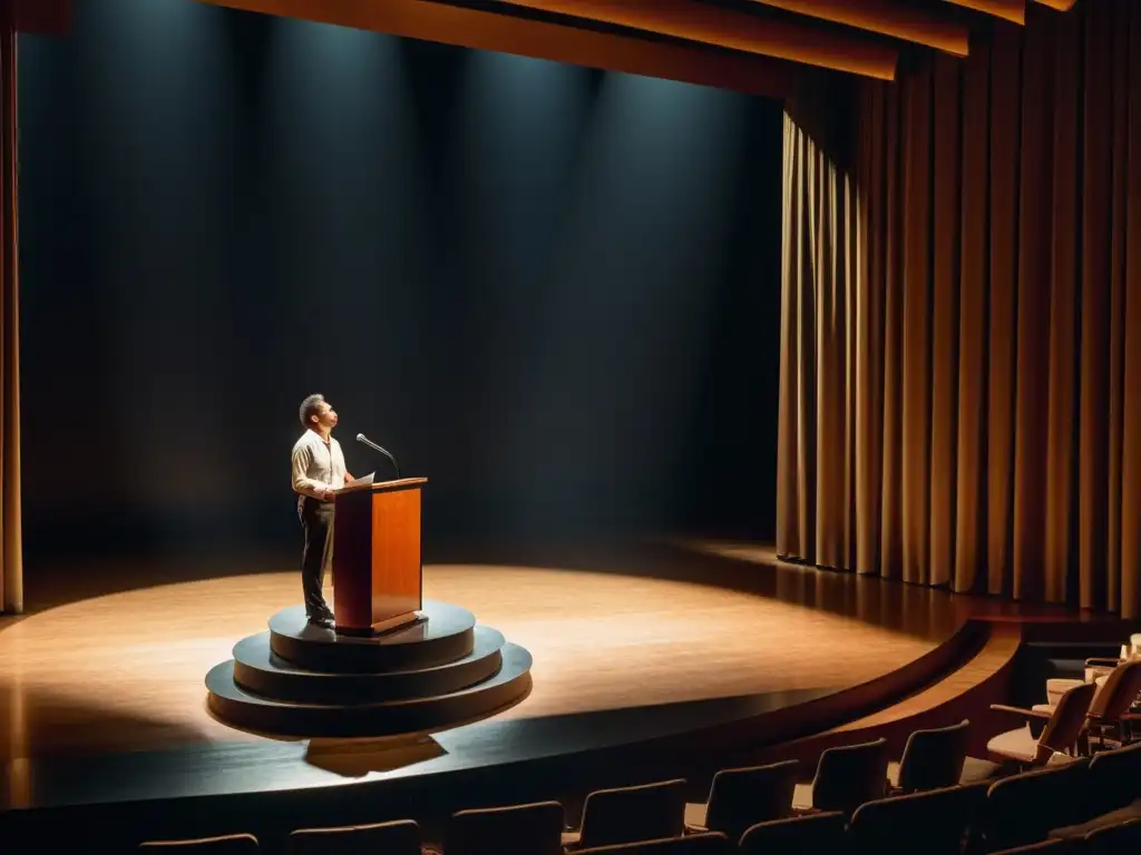 Un poeta contemporáneo cautiva al público con técnicas de presentación en un auditorio iluminado, creando una atmósfera de inspiración y concentración