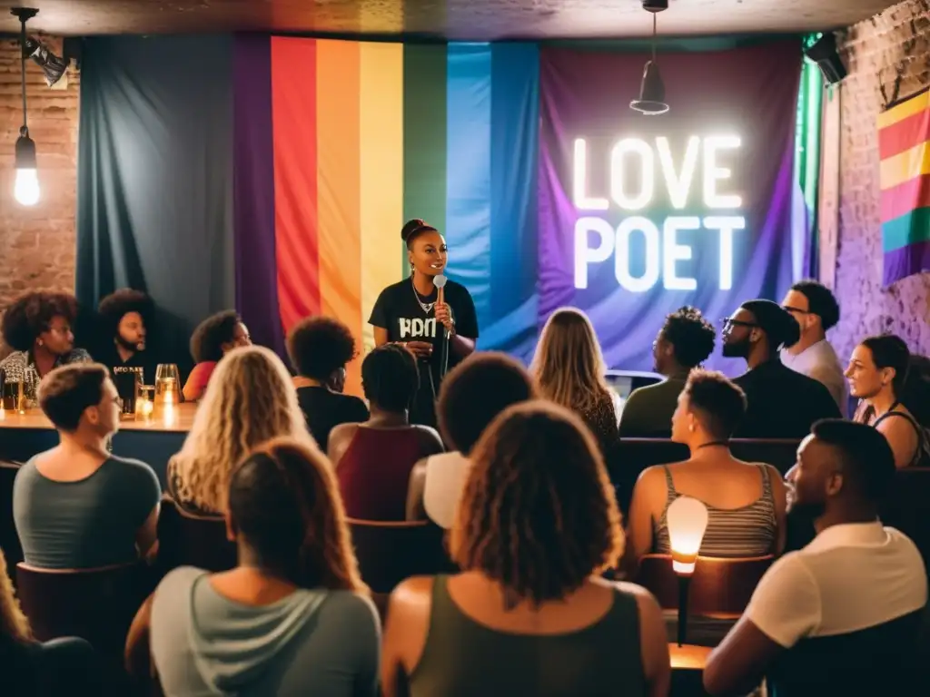 Poeta LGBTQ+ desafía censura en íntimo evento de spoken word bajo luces tenues y vibrante atmósfera de resistencia y amor