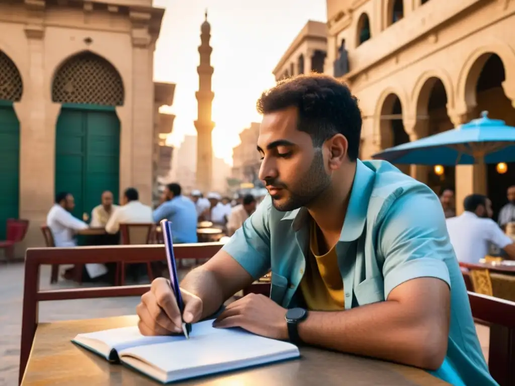 Un poeta egipcio contemporáneo encuentra inspiración en la cultura de El Cairo mientras escribe en una animada cafetería al aire libre