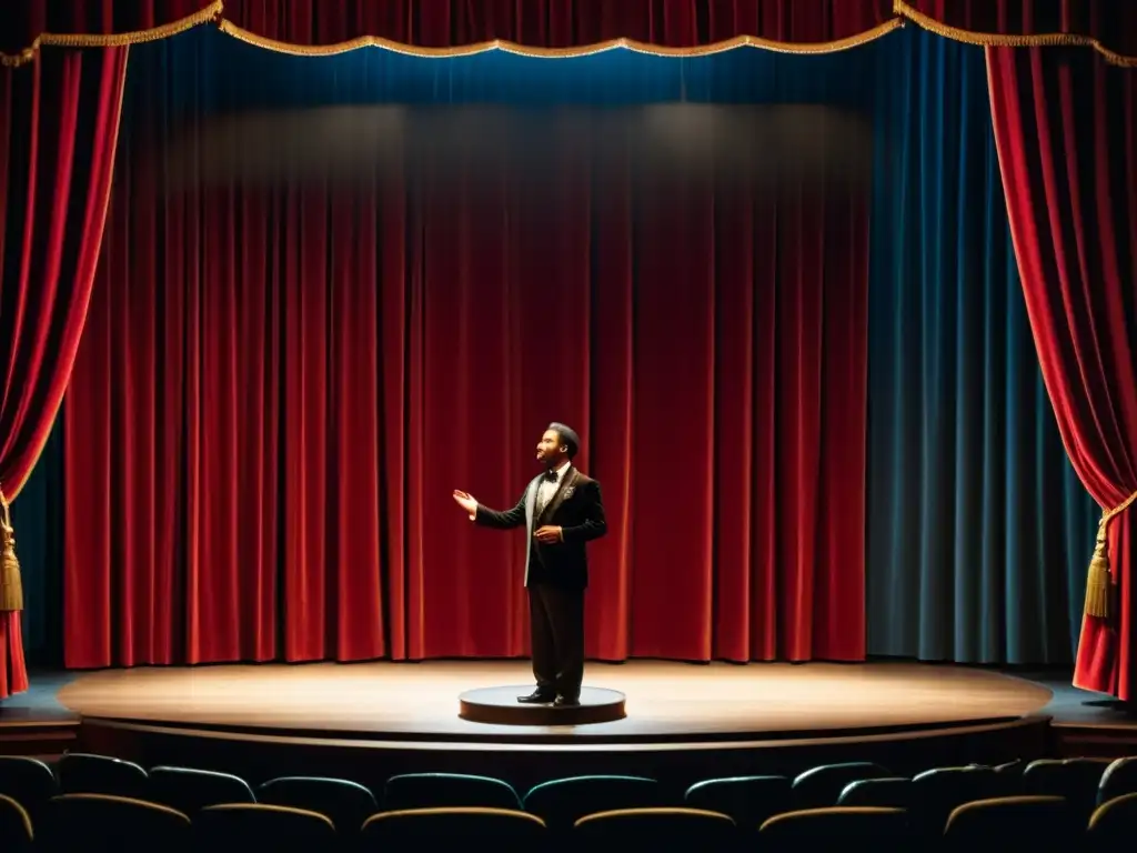 Un poeta recitando con elegancia en un teatro iluminado por un foco, destacando las técnicas para recitar poesía