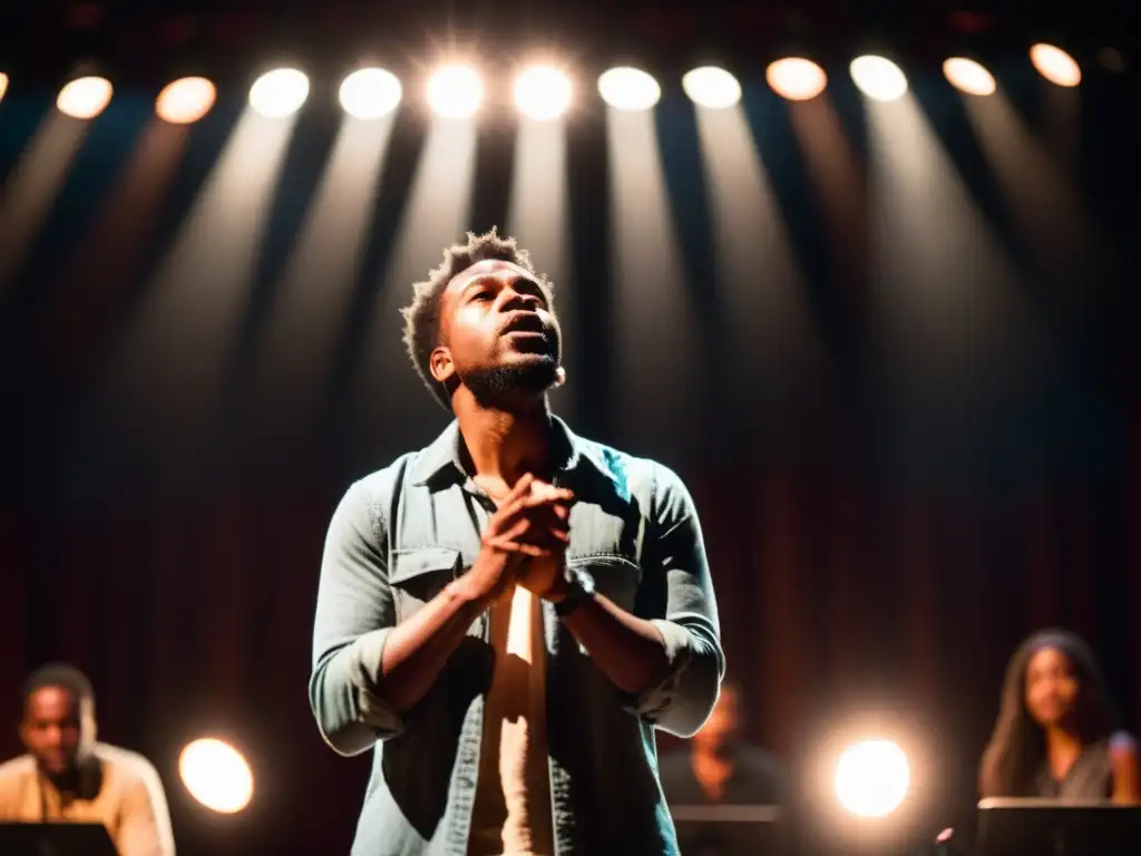 Un poeta de spoken word recita apasionadamente en un escenario iluminado, con gestos expresivos y emoción intensa, mientras el público queda cautivado por el cálido resplandor de las luces del escenario