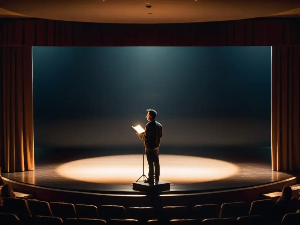 Un poeta recita apasionadamente en un escenario teatral iluminado por un foco, fusionando los géneros de la poesía y el teatro