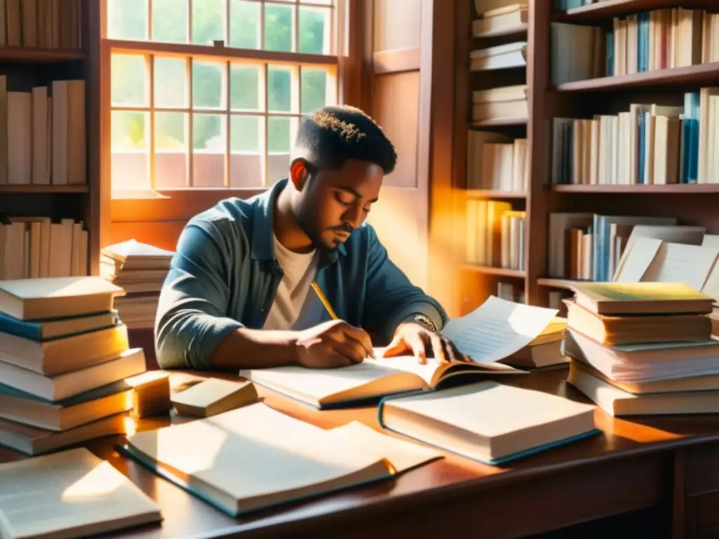 Un poeta escribiendo apasionadamente en un escritorio iluminado por el cálido sol, rodeado de libros y papeles