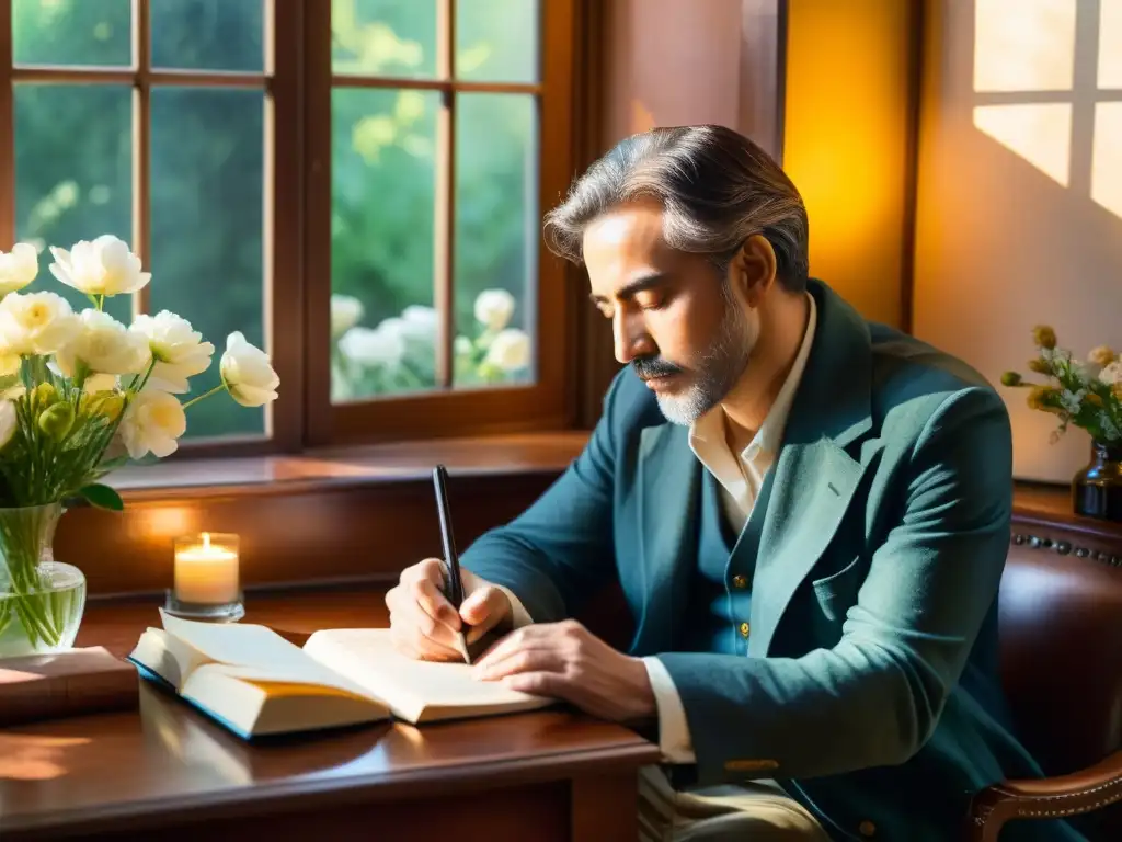 Un poeta en su escritorio, rodeado de flores, escribiendo apasionadamente en un diario de cuero bajo la cálida luz dorada