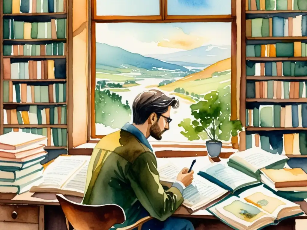 Un poeta reflexiona en su escritorio rodeado de libros y papeles, con una ventana que muestra un paisaje