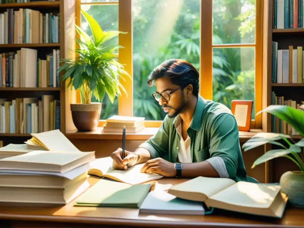 Un poeta escribiendo en su escritorio, rodeado de libros, plantas y aves, con luz dorada