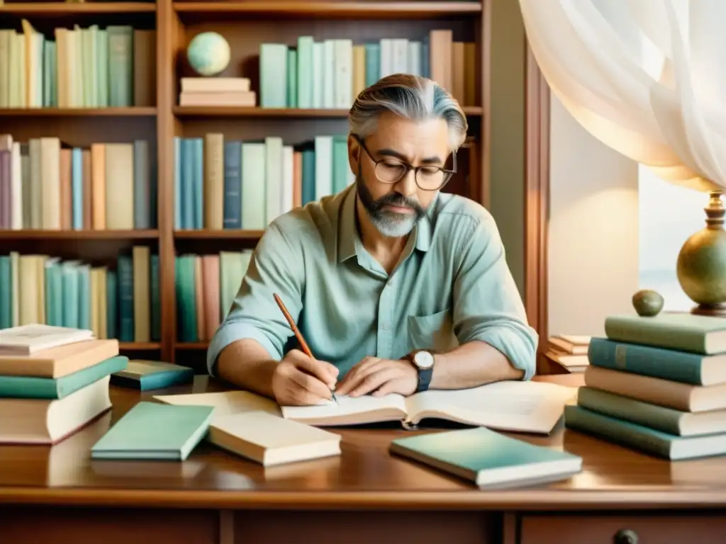 Poeta trabajando en su escritorio rodeado de libros y plumas, con expresión pensativa