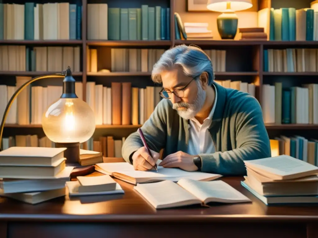 Un poeta reflexiona en su escritorio, rodeado de libros y papeles, en una escena serena que evoca la creatividad y la contemplación