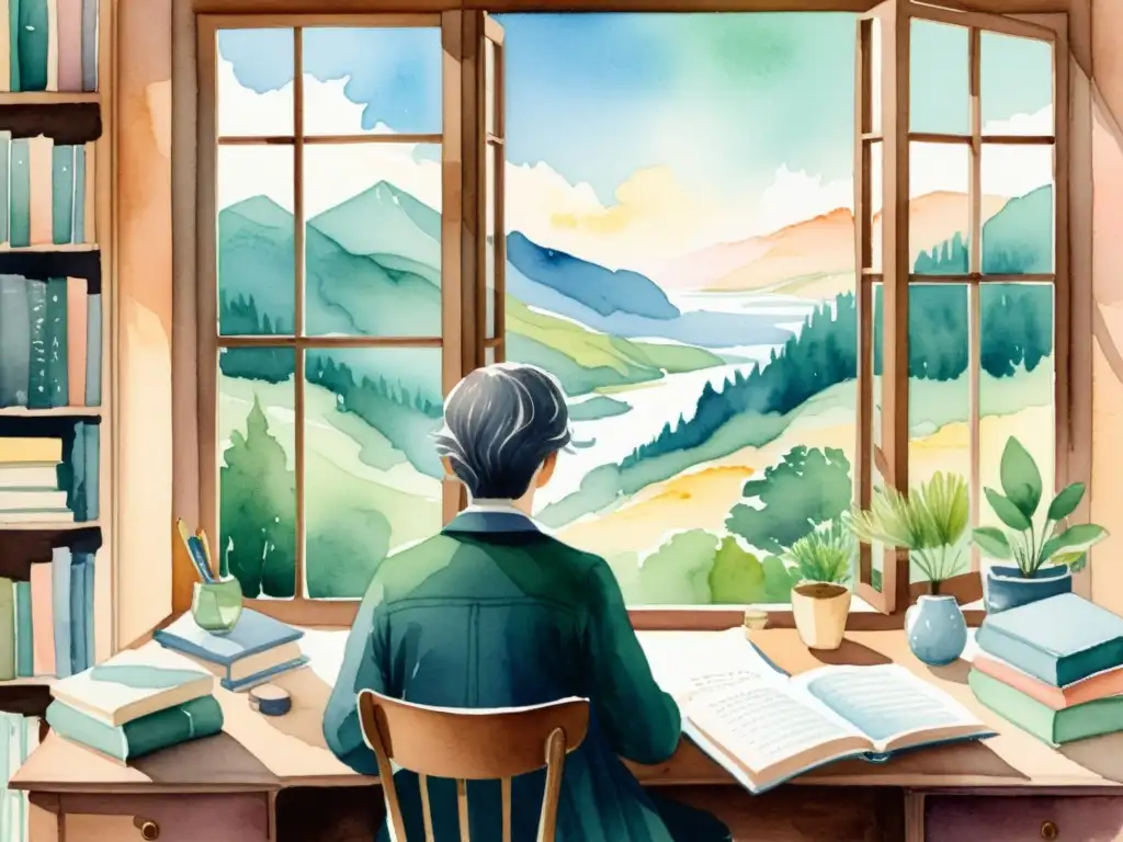 Un poeta se sienta en su escritorio rodeado de libros y materiales de escritura, contemplando un paisaje natural