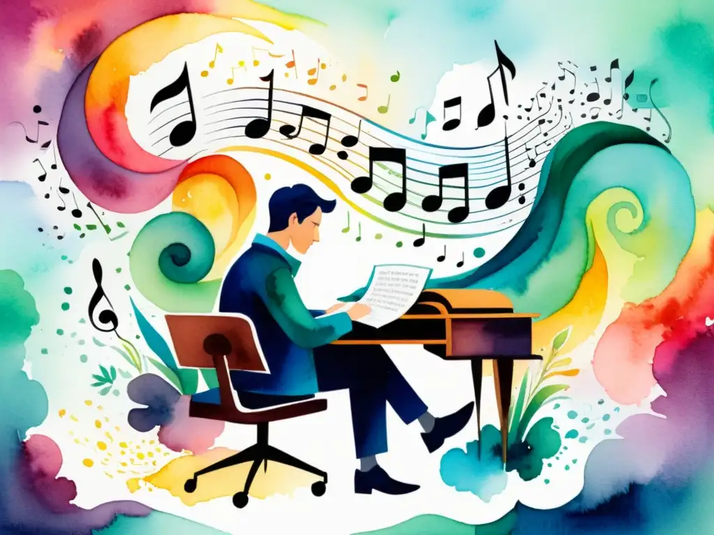 Un poeta en su escritorio rodeado de notas musicales y colores vibrantes, creando un efecto de musicalidad y poesía para el lector