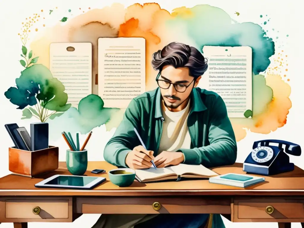 Poeta en su escritorio vintage, fusionando poesía y tecnología, con aplicaciones para perfeccionar el tempo