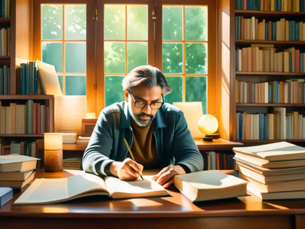 Un poeta se concentra intensamente en su escritura en un entorno cálido y acogedor, rodeado de libros, iluminado por la suave luz del sol