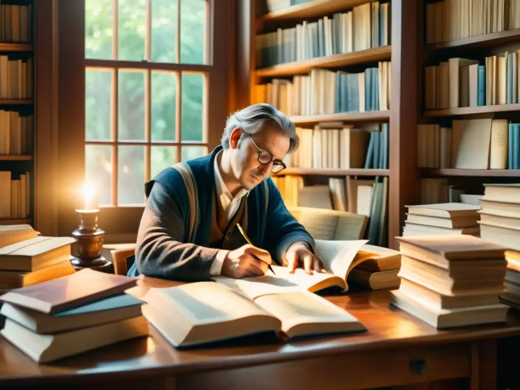 Un poeta se inspira en su escritura, rodeado de libros y papeles, bajo la cálida luz del sol