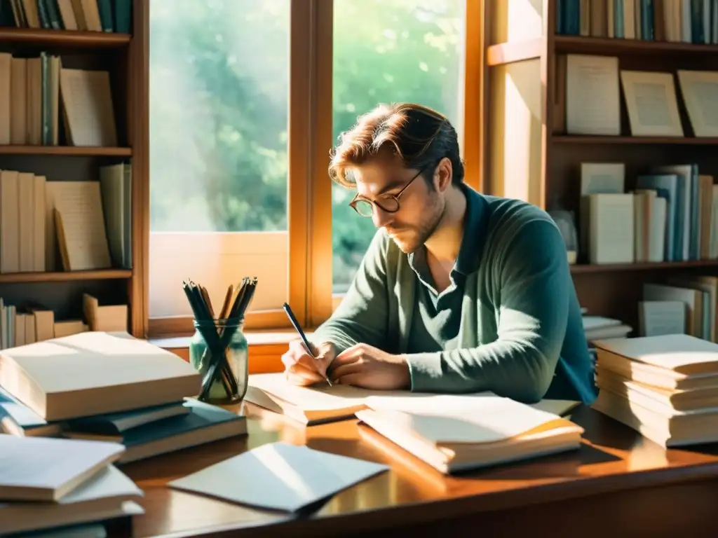 Un poeta desarrollando su estilo único de poesía, rodeado de libros y utensilios de escritura en una escena de tranquilidad artística