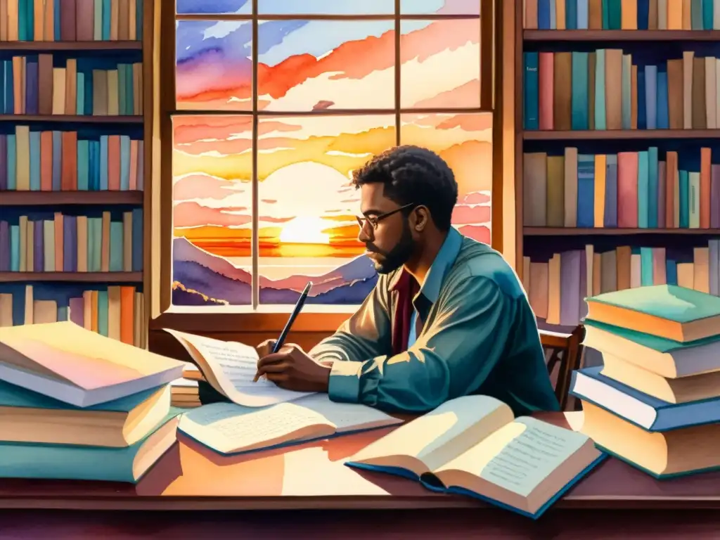 Un poeta reflexiona en su estudio, rodeado de libros, plumas y pergamino, mientras contempla un atardecer