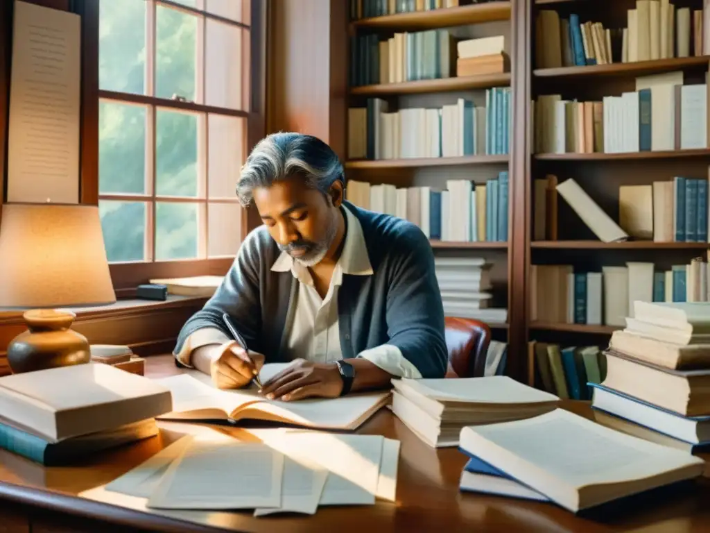 Un poeta escribiendo en su estudio, rodeado de libros y papeles, iluminado por una suave luz