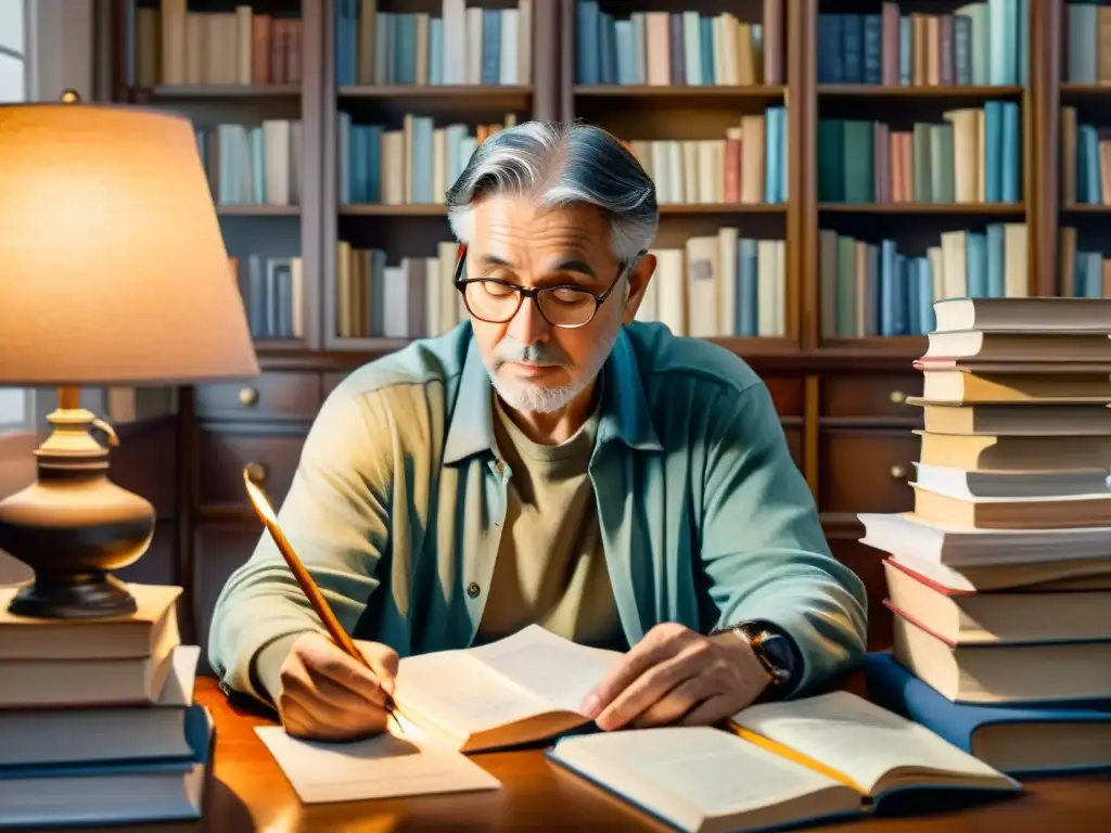 Poeta escribiendo en su estudio, rodeado de libros y papel, iluminado por la suave luz de una lámpara de escritorio