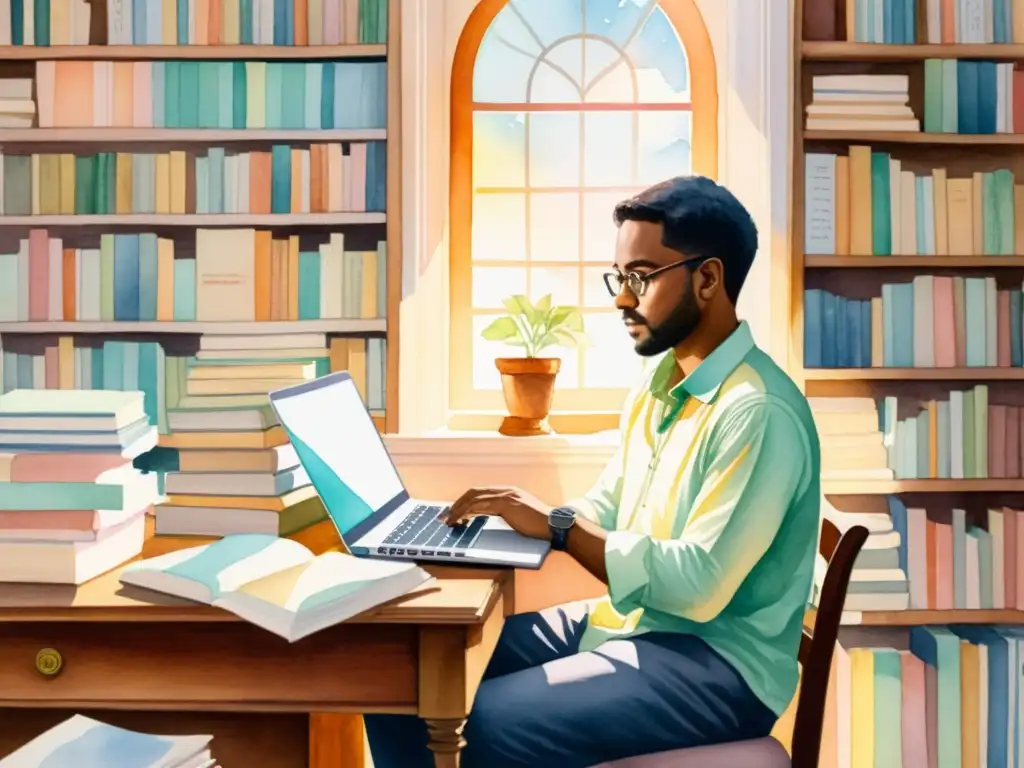 Un poeta en su estudio, rodeado de libros y papeles, crea una atmósfera introspectiva y cálida