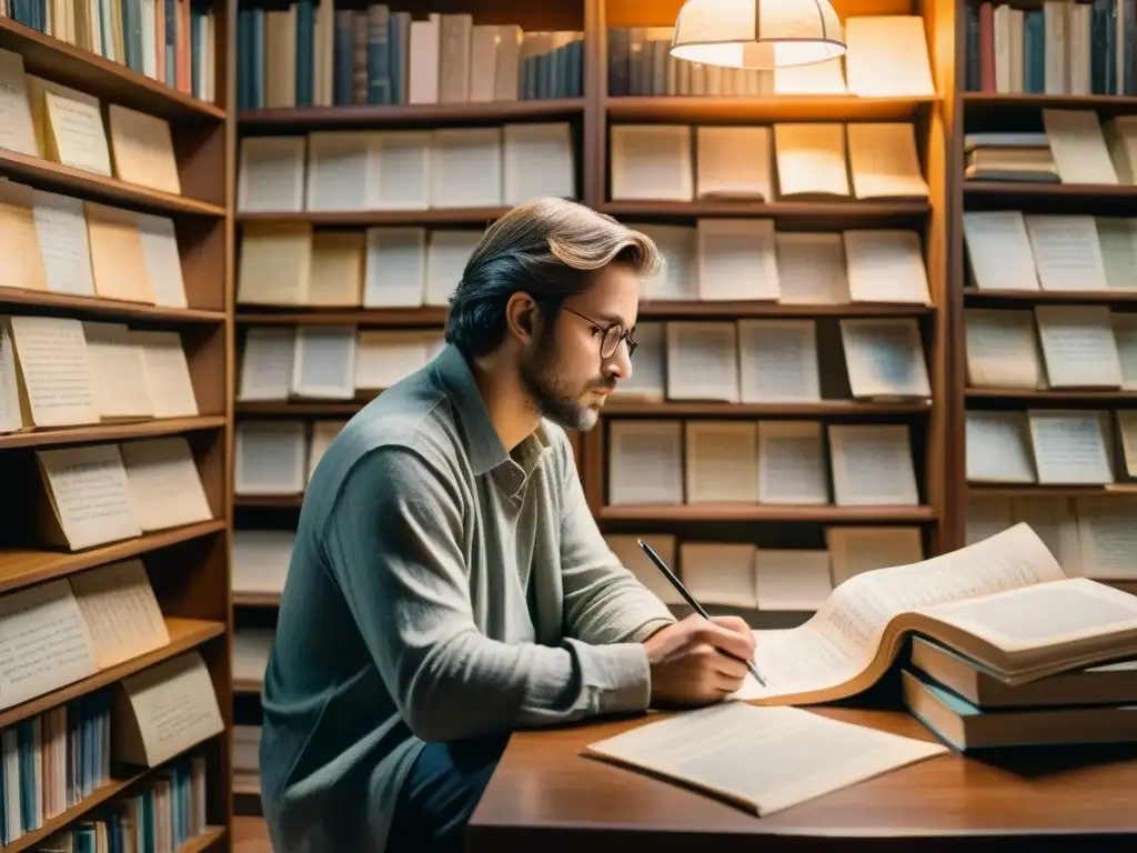 Un poeta en su estudio, rodeado de libros y notas, sumergido en una atmósfera introspectiva y misteriosa