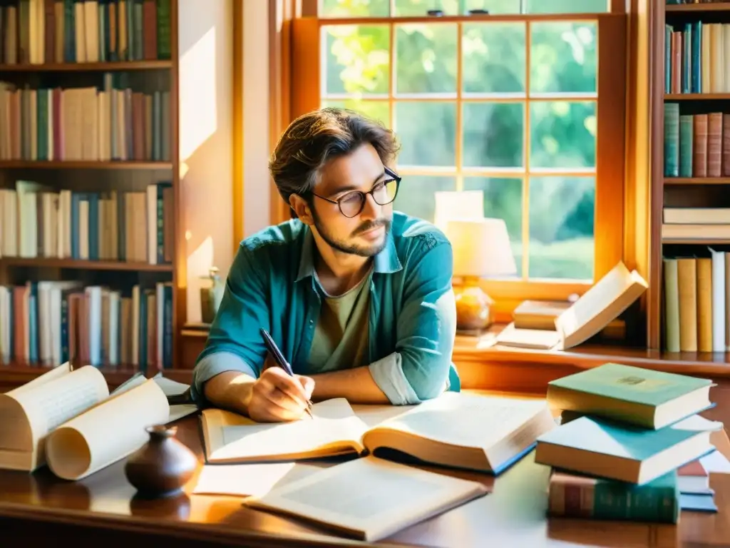 Un poeta en su estudio, rodeado de libros y pergamino, desarrollando estilo único poesía en acuarela vibrante