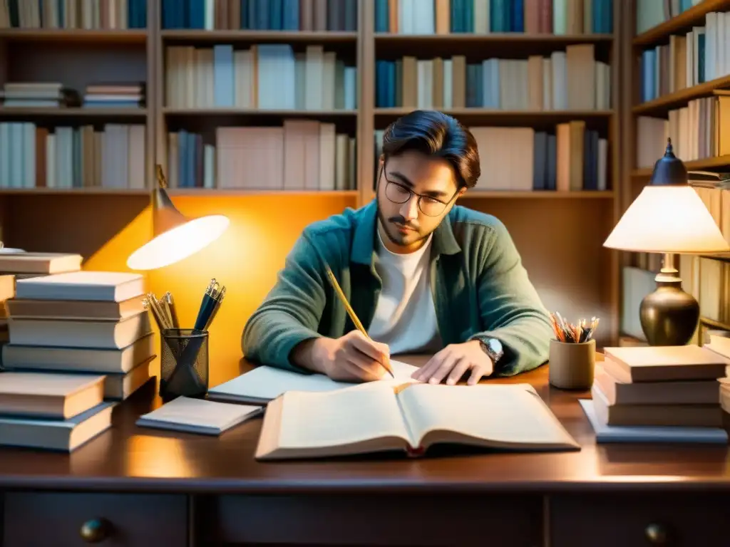 Un poeta en su estudio, rodeado de libros y utensilios de escritura, listo para construir marca personal poesía con sus palabras