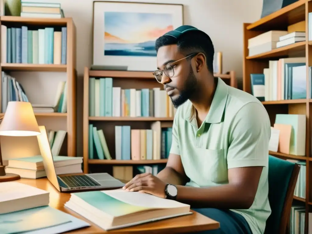 Un poeta se prepara para un evento poético digital rodeado de libros y papeles, con una expresión inspirada y determinada