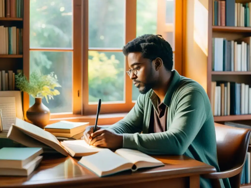 Poeta escribiendo en una habitación soleada rodeado de libros, evocando creatividad y reflexión