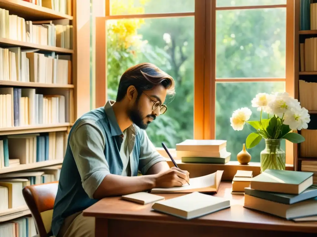 Un poeta ilustrado publica poesía de calidad en un entorno acogedor, rodeado de libros y naturaleza, con una expresión reflexiva