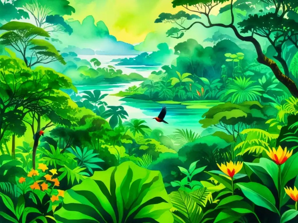 Un poeta indígena se inspira en la exuberante selva Amazónica, rodeado de flores y aves
