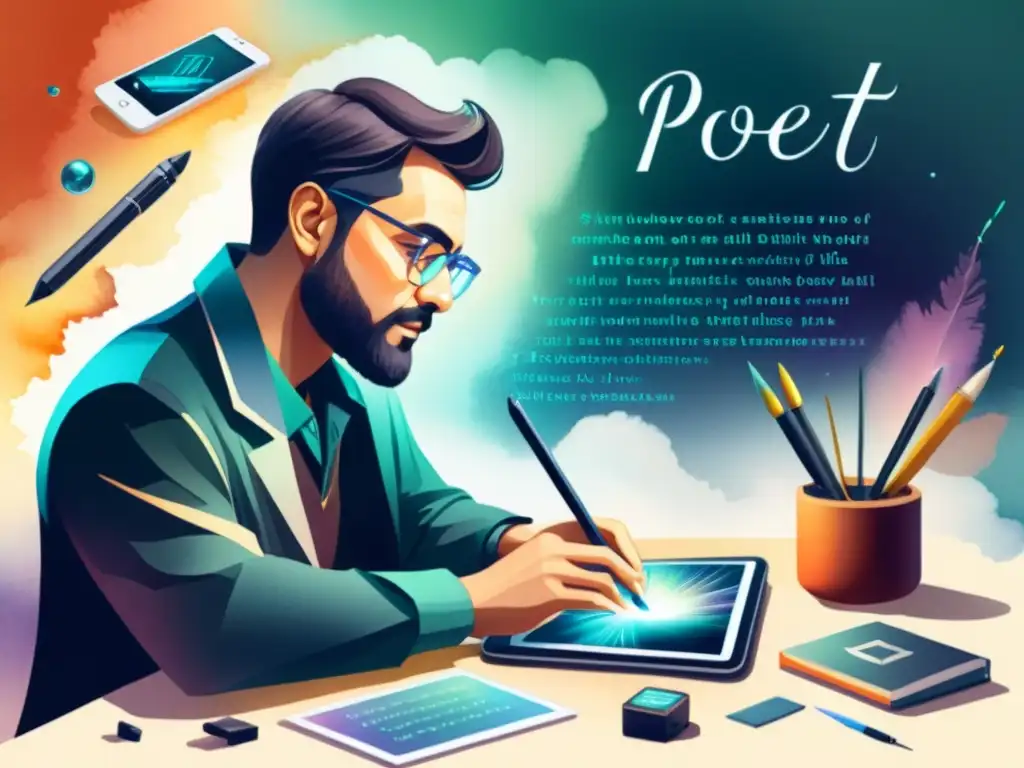 Un poeta inmerso en la creación de arte digital, fusionando poesía clásica con tecnología moderna