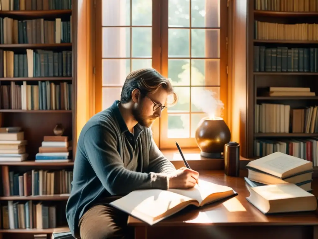 Un poeta inmerso en la creatividad, rodeado de libros y utensilios de escritura en una habitación soleada