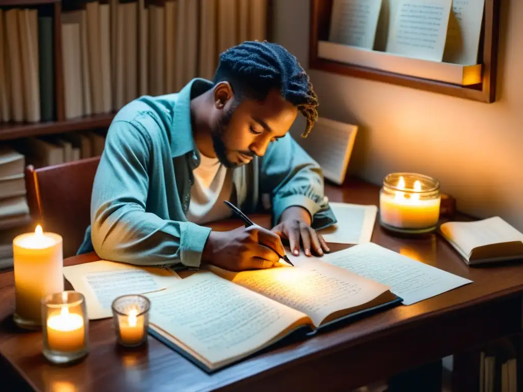 Un poeta inmerso en su escritura, rodeado de velas y páginas manuscritas, listo para capturar la próxima línea de su cautivadora poesía narrativa