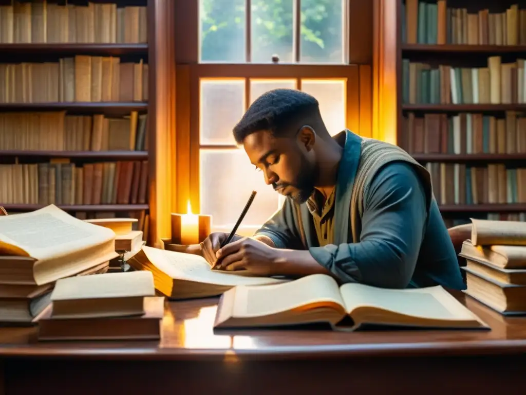 Un poeta inmerso en su escritura rodeado de libros antiguos y pergamino, iluminado por una cálida luz dorada