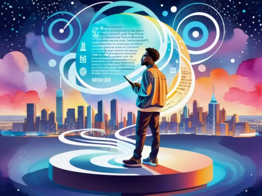 Poeta digital en ciudad futurista Un poeta inmerso en un mundo digital, rodeado de versos y código, con una ciudad futurista de fondo