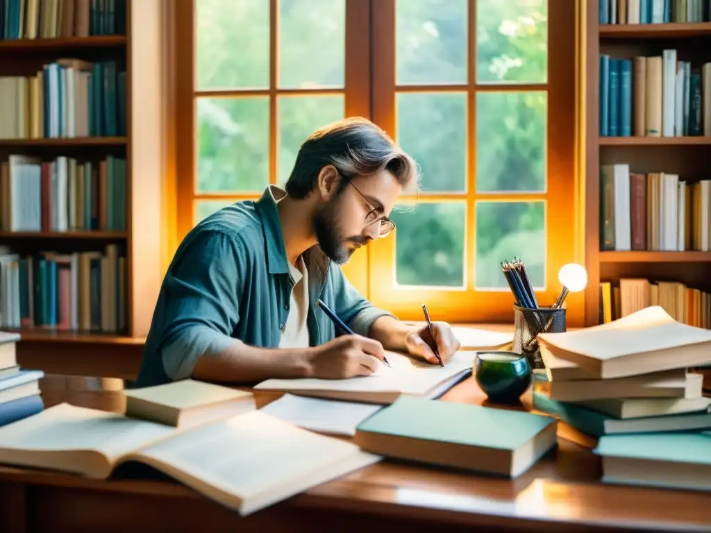 Un poeta inmerso en la creación poética, rodeado de libros y utensilios de escritura en una escena serena iluminada por luz natural