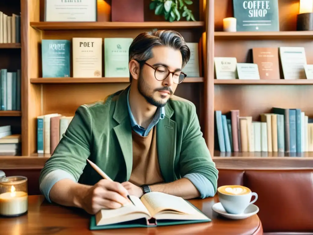 Un poeta inspirado escribe en una acogedora cafetería rodeado de libros