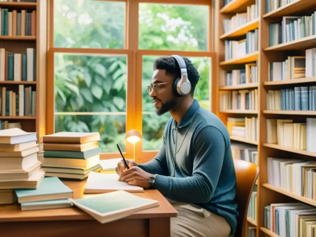 Un poeta inspirado graba audiolibros de poesía en español en un estudio acogedor, rodeado de libros y una atmósfera creativa y serena