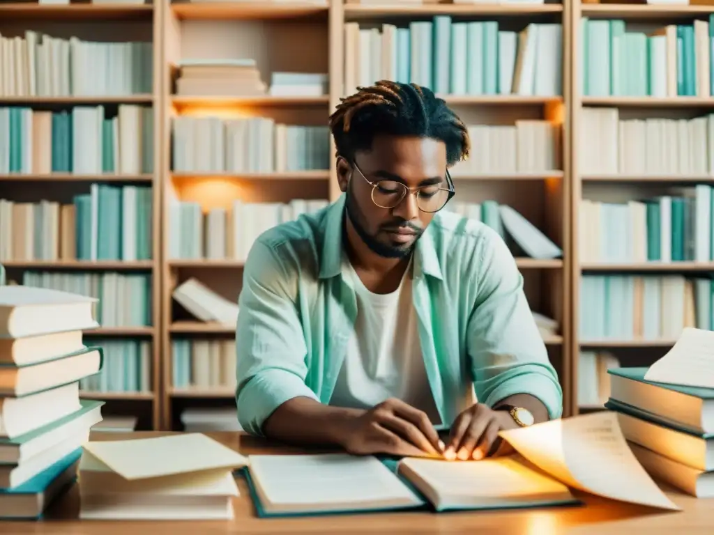 Un poeta inspirado escribe en su computadora rodeado de libros y papeles, en un ambiente etéreo