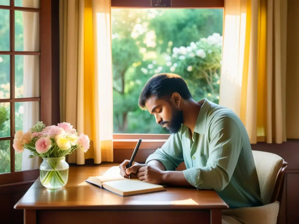 Poeta inspirado escribiendo en un escritorio de madera rodeado de flores, iluminado por luz dorada