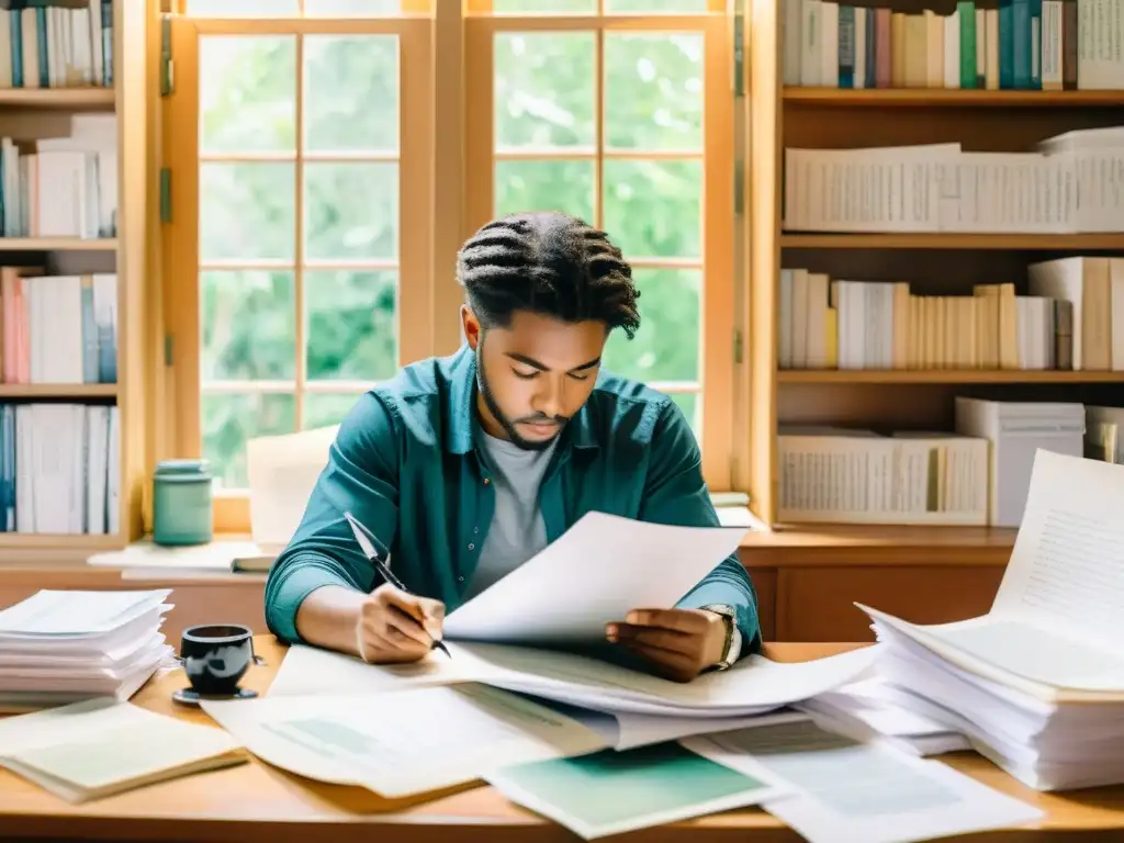 Un poeta inspirado escribe en su escritorio, rodeado de libros y con una luz suave entrando por la ventana