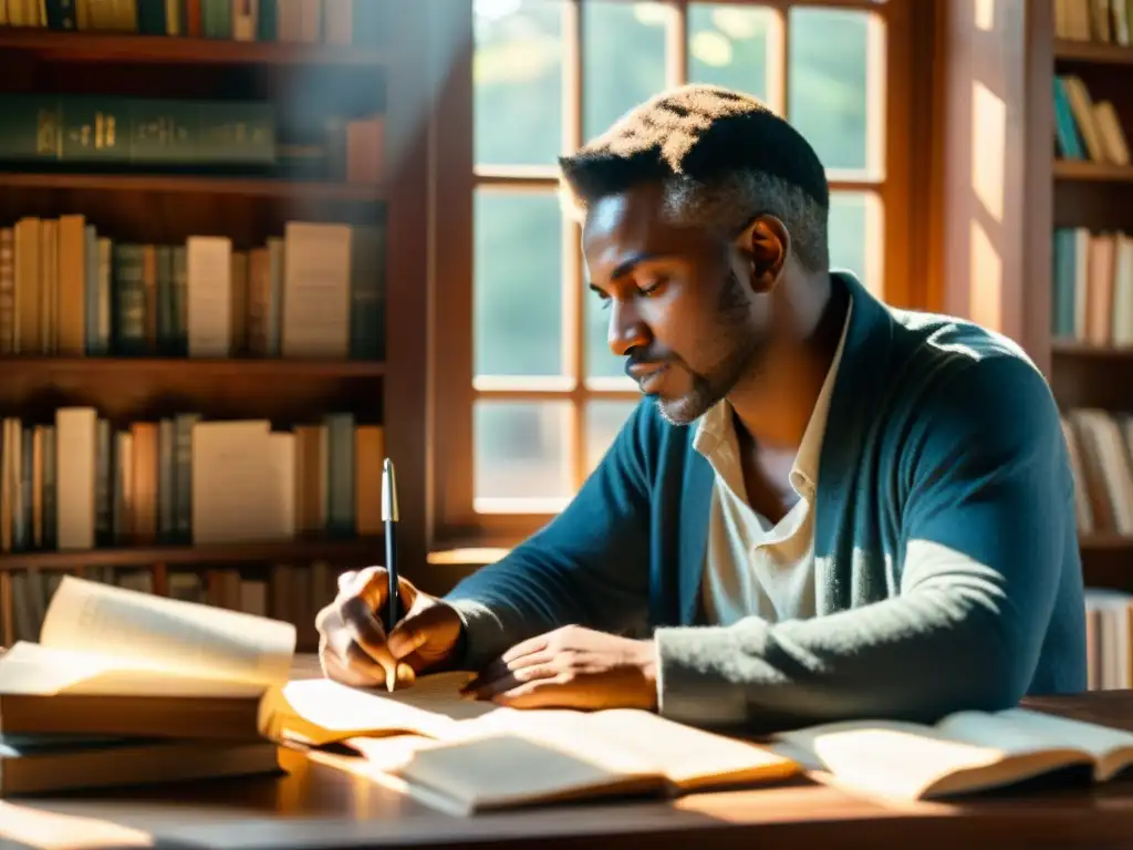 Poeta inspirado en su estudio, rodeado de libros, crea una bella décima o soneto