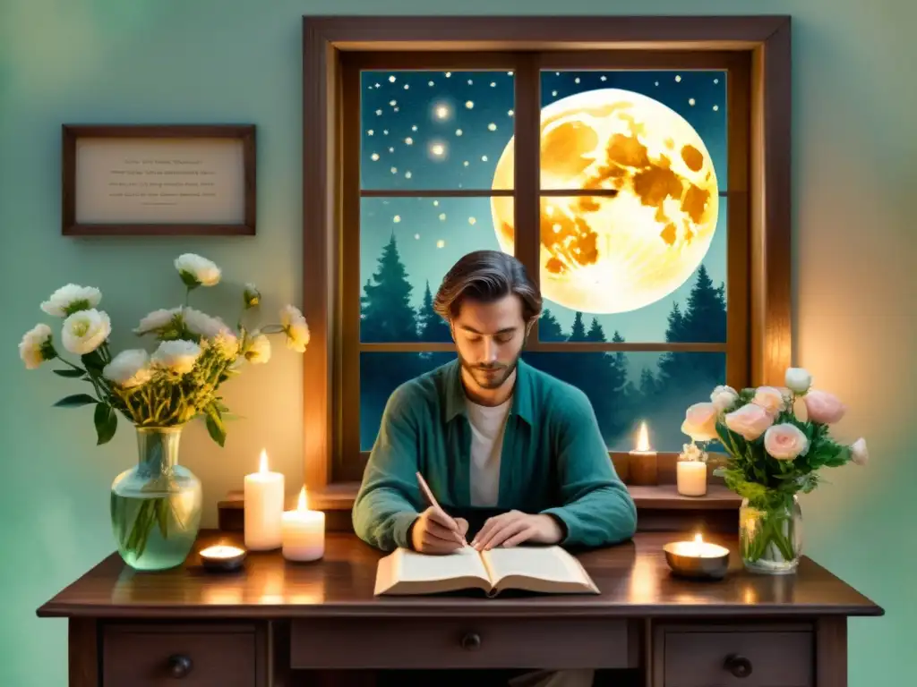 Un poeta inspirado escribe entre flores y velas, con la luna iluminando la habitación